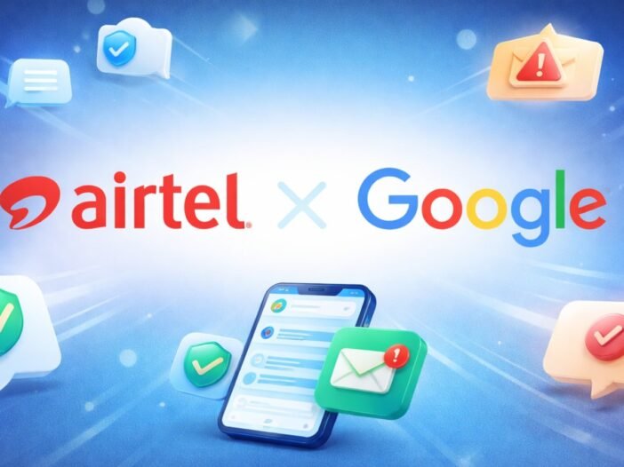 Illustration showing Android RCS messaging interface with AI spam filter shield, sender verification badge, and malicious link warning notification on screen.