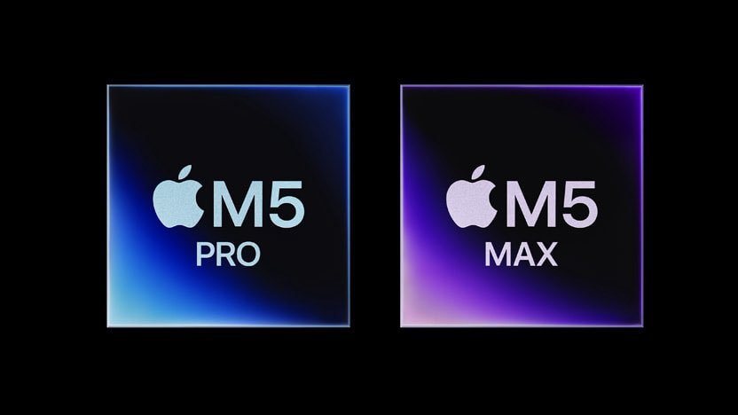 Apple M5 Pro and M5 Max chip logos displayed side by side on dark background at Apple product announcement