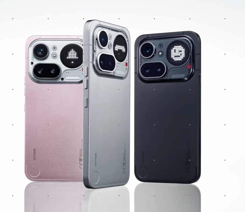 Nothing Phone 4a and 4a Pro displayed showing Glyph interface and camera module on white and black colour variants